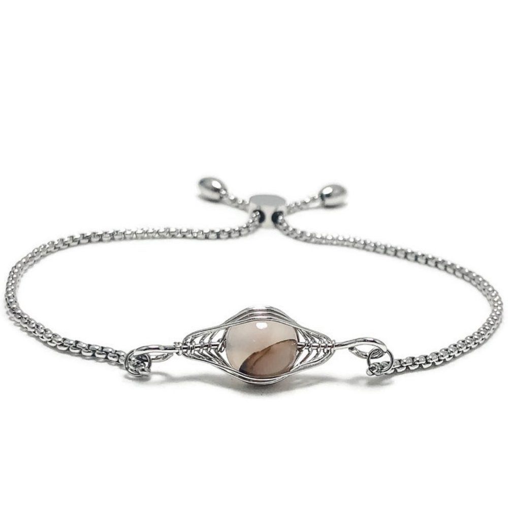 🎉NWT Full Circle Adjustable Slide Bead Box Chain Silver Agate Gemstone Bracelet